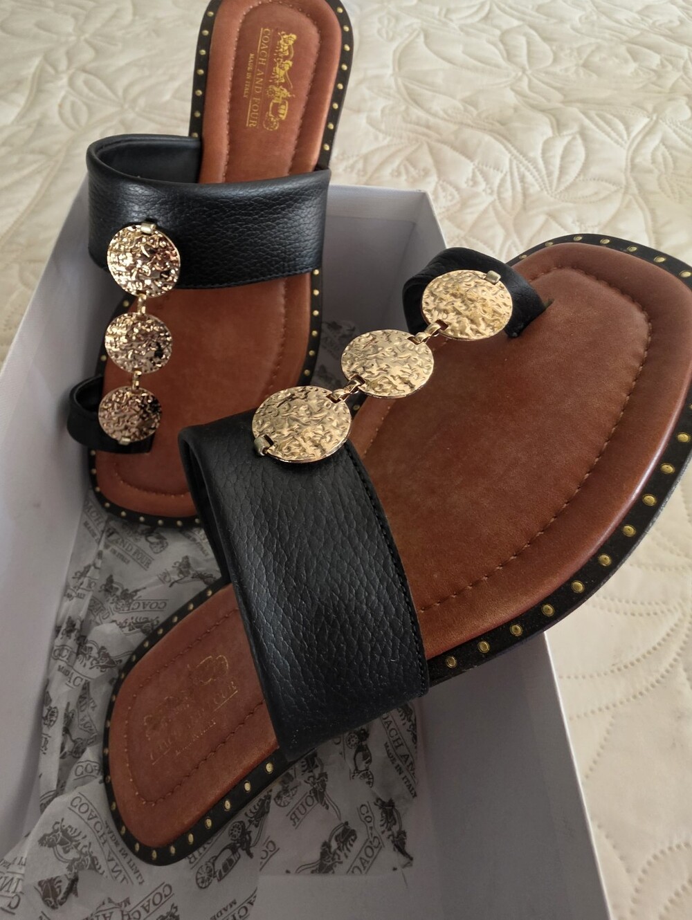 Slide Sandals with Gold Disc Accents